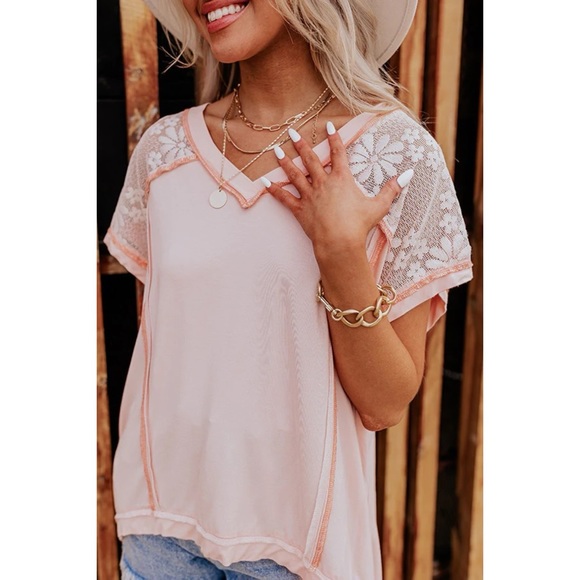 POL Pink Peach Rayon Jersey + Floral Lace Short Sleeve Top Oversized - Picture 3 of 16